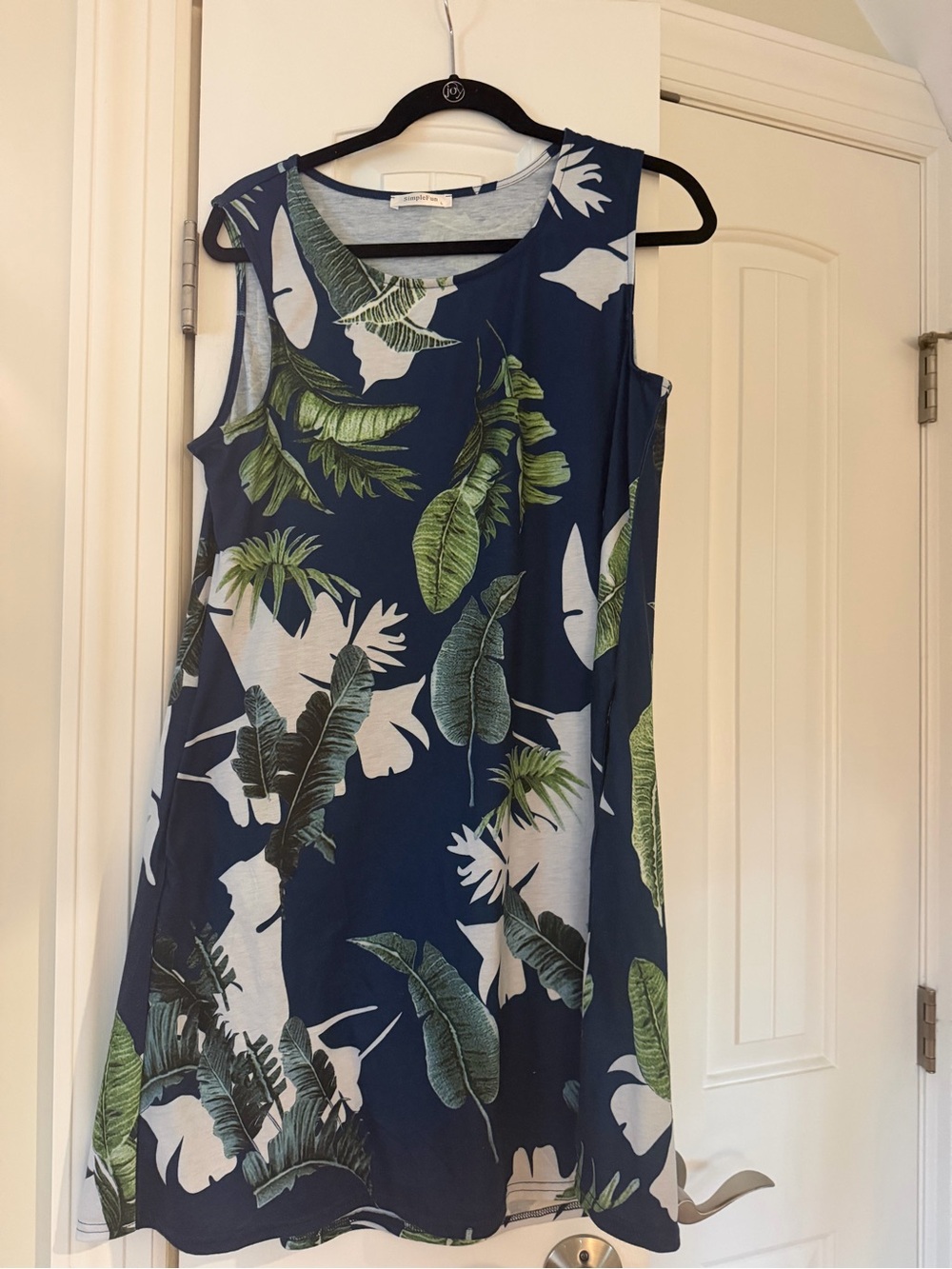 Navy Sleeveless Tropical Leaf Midi Dress